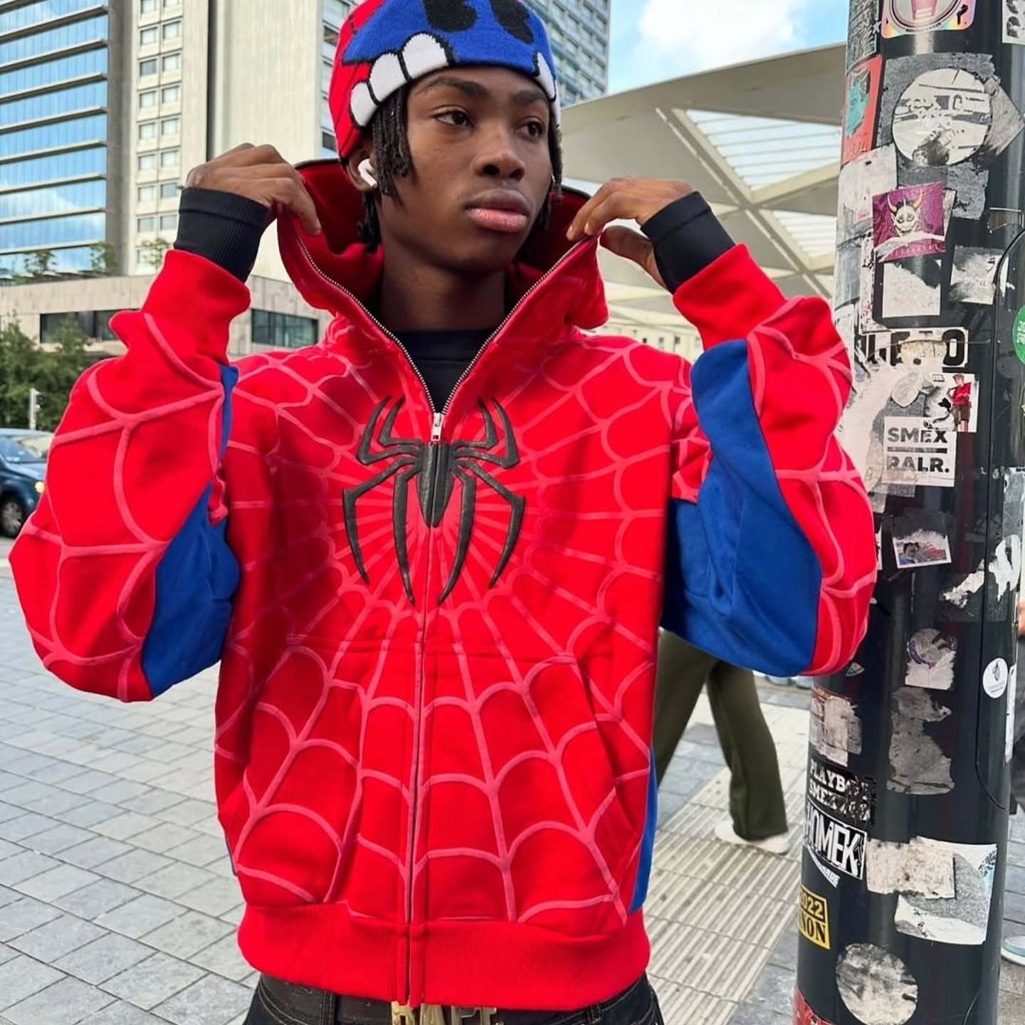 Spider-Inspired Red Web Print Zip-Up Hoodie for Men | Premium Streetwear | 1Street