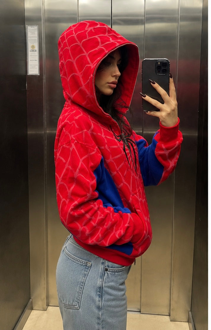 Spider-Inspired Red Web Print Zip-Up Hoodie for Men | Premium Streetwear | 1Street