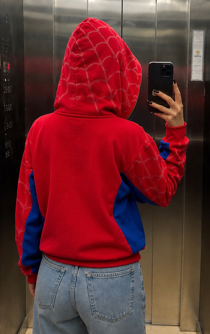 Spider-Inspired Red Web Print Zip-Up Hoodie for Men | Premium Streetwear | 1Street
