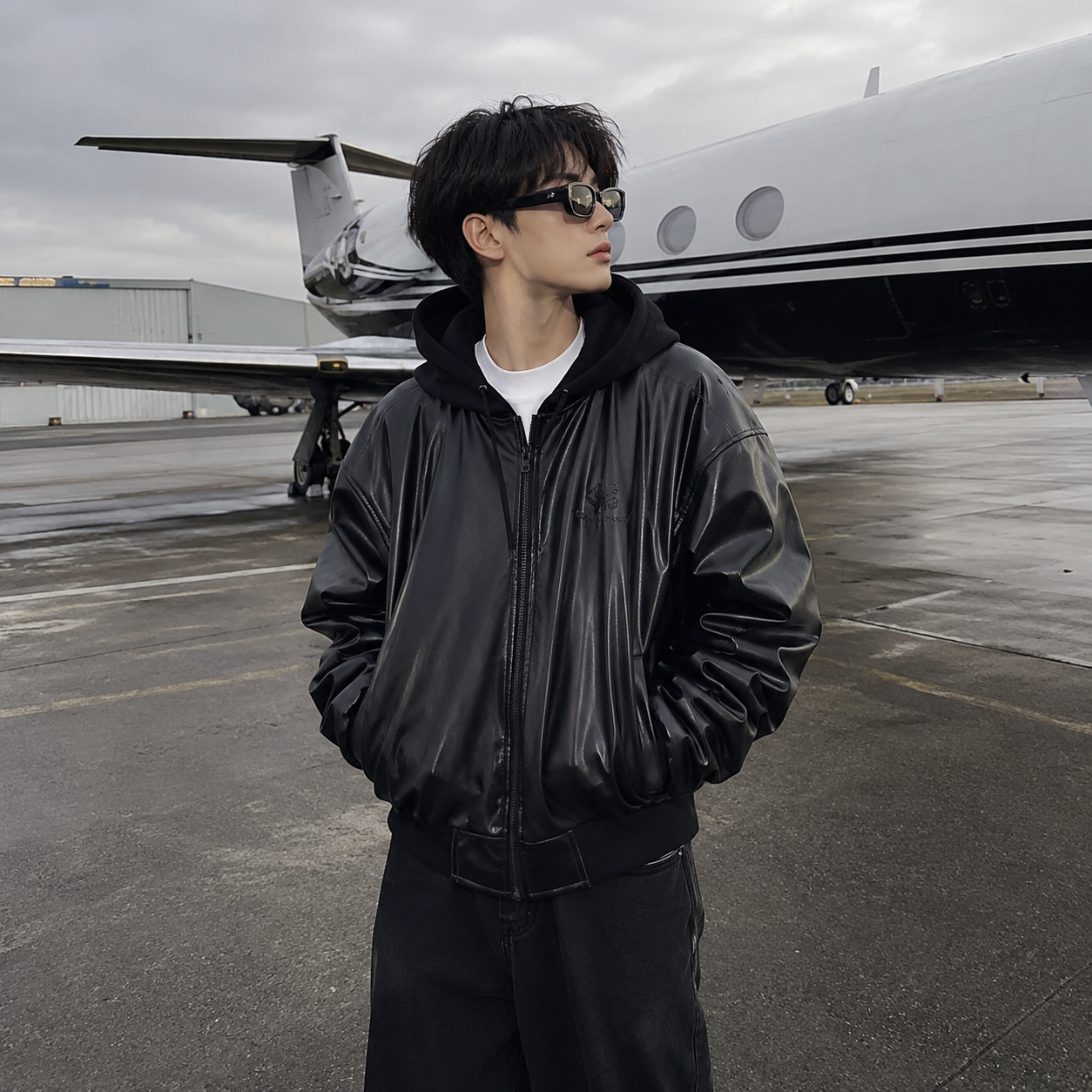 Unisex Oversized Faux Leather Hooded Bomber Jacket | Vintage Streetwear Moto Coat | 1Street