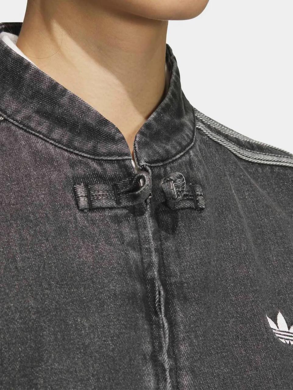 Vintage Washed Denim CNY Jacket – Chinese Knot Streetwear Oversized Unisex Jacket with Stripe Sleeves