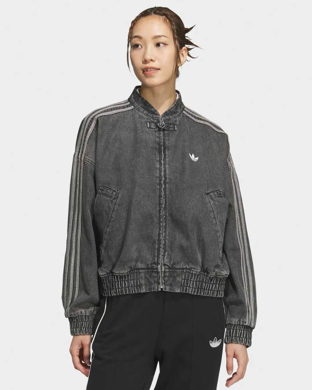 Vintage Washed Denim CNY Jacket – Chinese Knot Streetwear Oversized Unisex Jacket with Stripe Sleeves