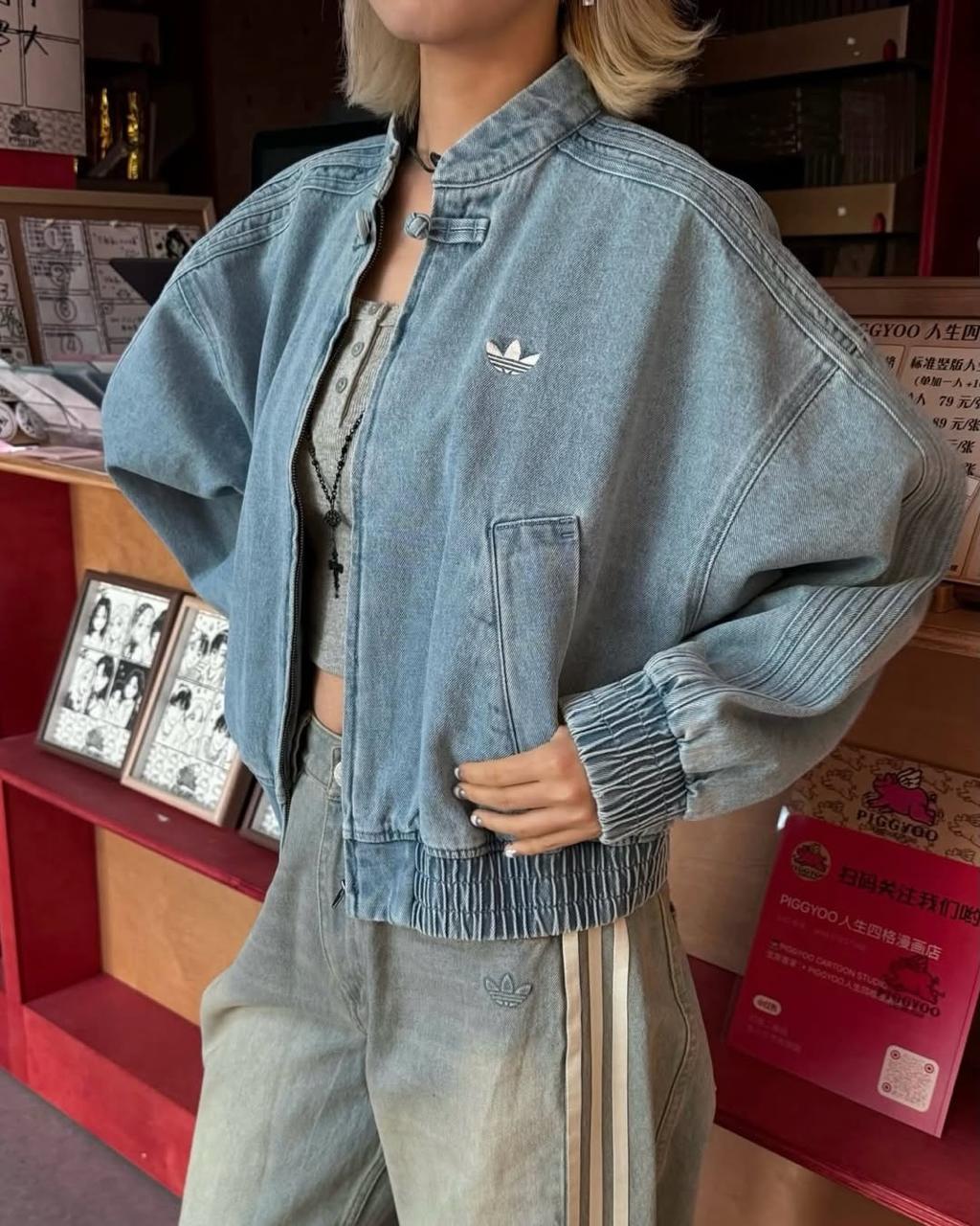 Light Blue Washed Denim CNY Jacket – Oversized Chinese Knot Streetwear Unisex Jacket