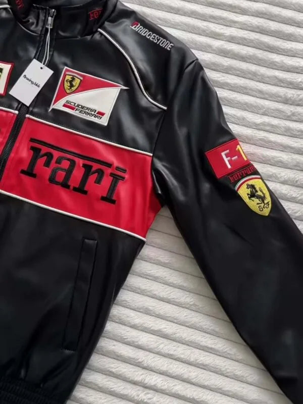 Black Red Unisex Ferrari Leather Jacket