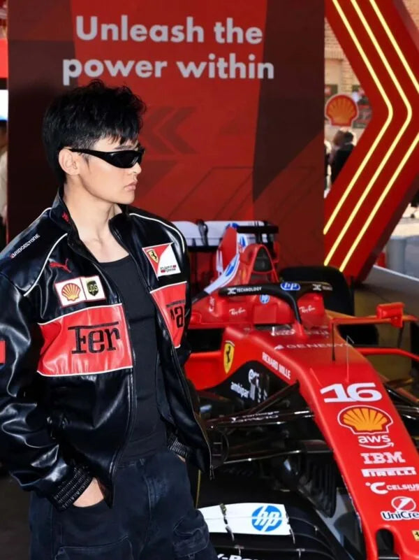 Black Red Unisex Ferrari Leather Jacket