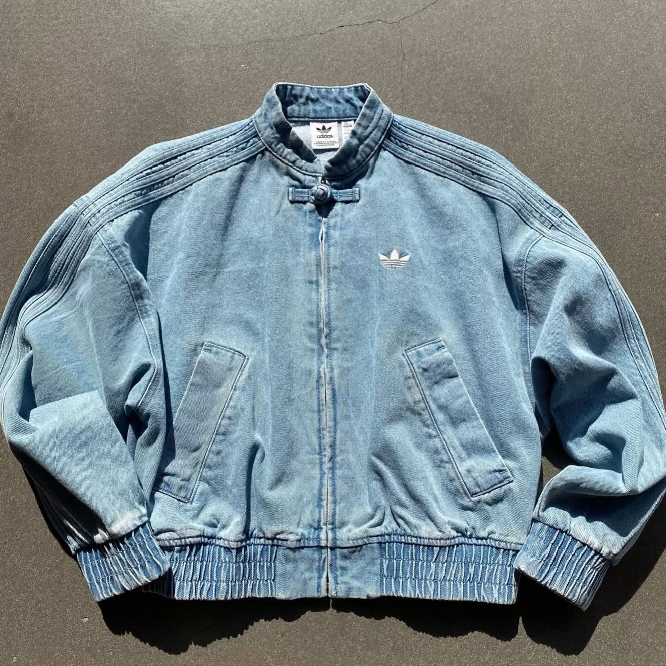 Light Blue Washed Denim CNY Jacket – Oversized Chinese Knot Streetwear Unisex Jacket
