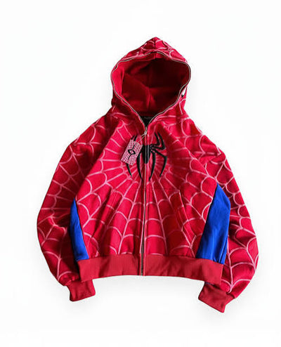 Spider-Inspired Red Web Print Zip-Up Hoodie for Men | Premium Streetwear | 1Street